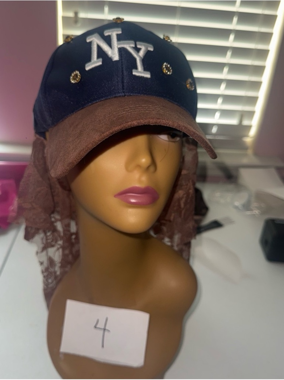 NY Embellished Baseball Cap with Brown Suede Visor and Brown lace on the back